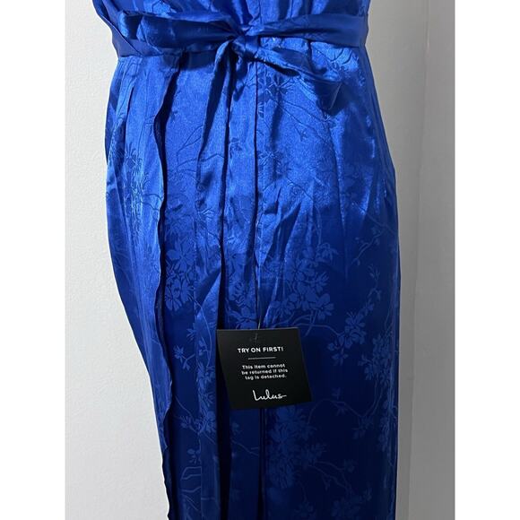 Lulus Royal Blue Satin Floral Jacquard Midi Wrap Dress NWT Small - Picture 8 of 15